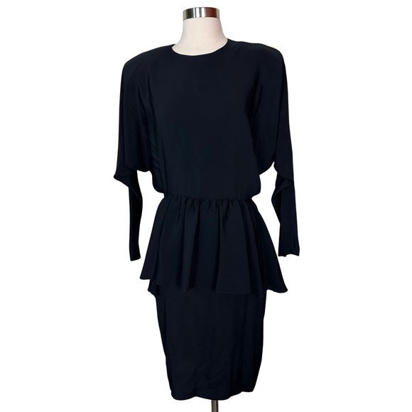 Regina Kravitz Vintage Black 80s Padded Shoulder Cutout Back Peplum Dress Size 8 - Picture 2 of 10